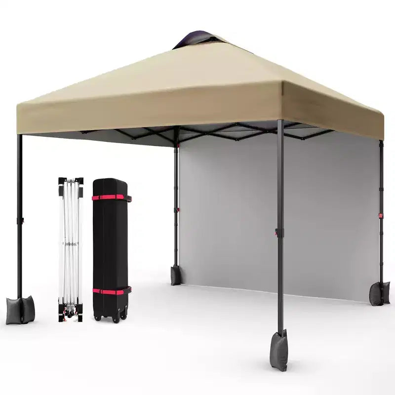 Tonnelle escamotable 3x3M avec protection solaire UPF 50+, paroi latérale amovible, toit ventilé, sac à roulettes, piquets pour patio extérieur, camping