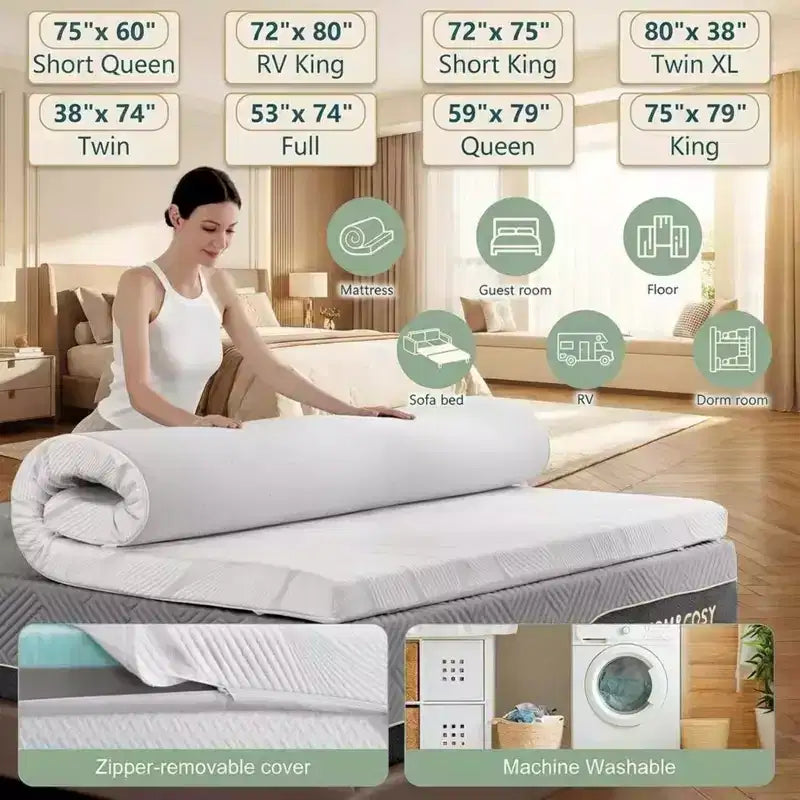 Surmatelas en mousse à mémoire de forme à gel rafraîchissant Dyonery taille Full, 3 po, extra-ferme avec housse en soie glacée et bambou pour soulagement des douleurs dorsales