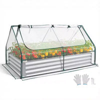 VEVOR Carré potager surélevé avec couverture, 6 x 3 x 1 pi, kit de jardinière rectangulaire métallique galvanisée d'extérieur, avec couverture de serre PE et gants, argent