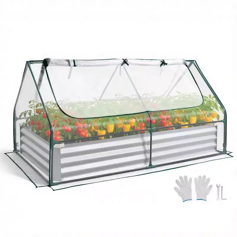 VEVOR Carré potager surélevé avec couverture, 6 x 3 x 1 pi, kit de jardinière rectangulaire métallique galvanisée d'extérieur, avec couverture de serre PE et gants, argent