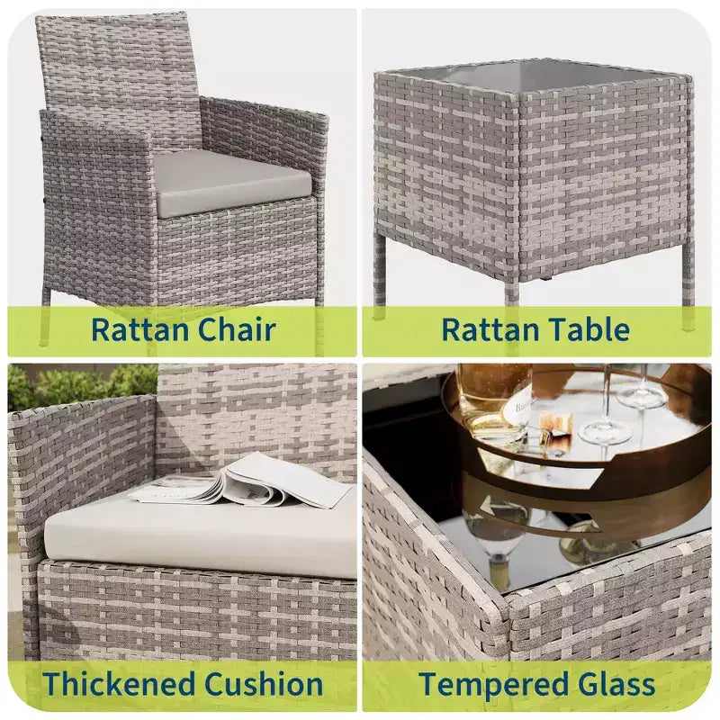Ensemble de terrasse d'extérieur 3 pièces [bistro/bar], résine tressée en rotin PE, table en verre trempé, chaises rembourrées, pour jardin, porche, bord de piscine