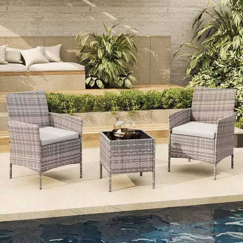 Ensemble de 3 pièces de patio extérieur [Bistro/Bar] en rotin PE, table en verre trempé, chaises rembourrées - pour jardin, porche, bord de piscine