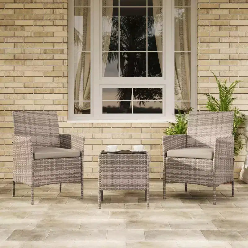 Ensemble de terrasse d'extérieur 3 pièces [bistro/bar], résine tressée en rotin PE, table en verre trempé, chaises rembourrées, pour jardin, porche, bord de piscine