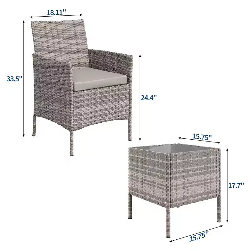 Ensemble de 3 pièces de patio extérieur [Bistro/Bar] en rotin PE, table en verre trempé, chaises rembourrées - pour jardin, porche, bord de piscine