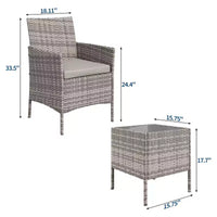 Ensemble de terrasse d'extérieur 3 pièces [bistro/bar], résine tressée en rotin PE, table en verre trempé, chaises rembourrées, pour jardin, porche, bord de piscine