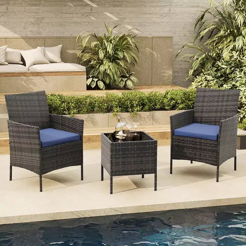 Ensemble de terrasse d'extérieur 3 pièces [bistro/bar], résine tressée en rotin PE, table en verre trempé, chaises rembourrées, pour jardin, porche, bord de piscine