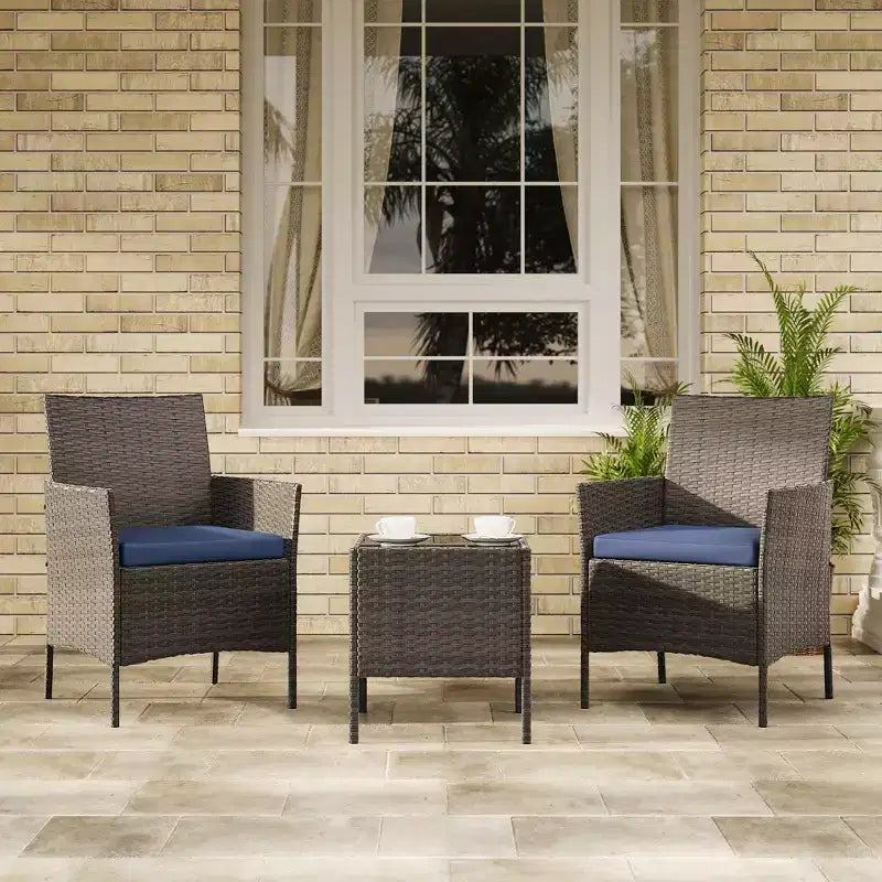 Ensemble de 3 pièces de patio extérieur [Bistro/Bar] en rotin PE, table en verre trempé, chaises rembourrées - pour jardin, porche, bord de piscine