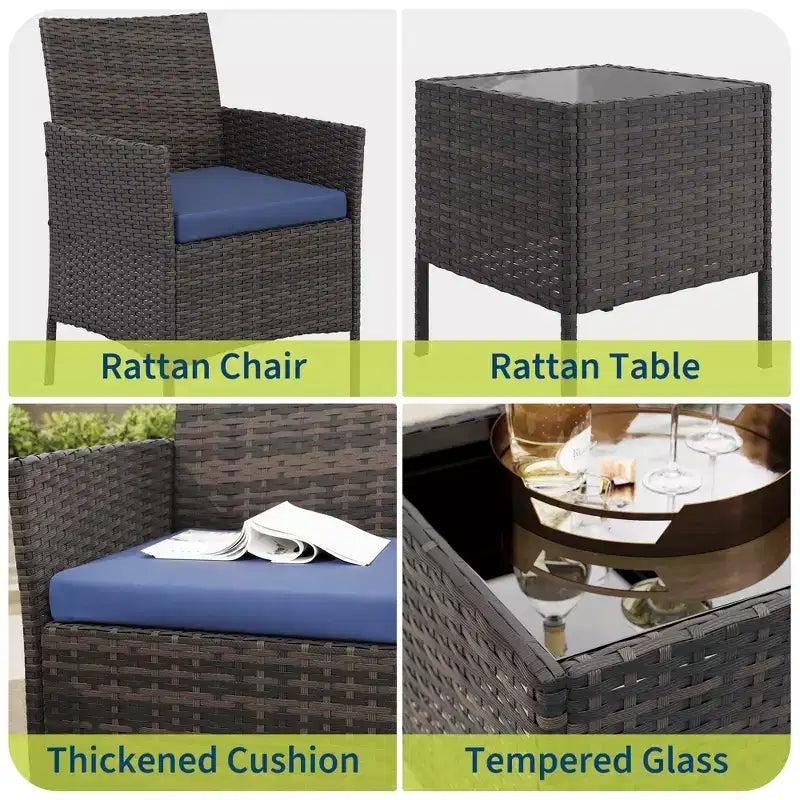 Ensemble de 3 pièces de patio extérieur [Bistro/Bar] en rotin PE, table en verre trempé, chaises rembourrées - pour jardin, porche, bord de piscine