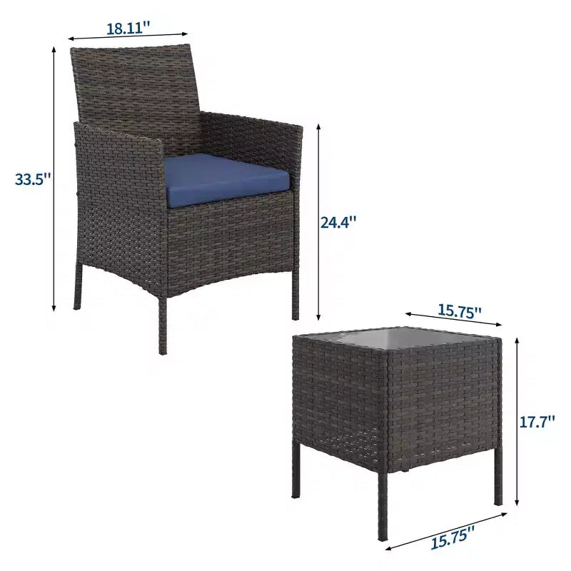 Ensemble de 3 pièces de patio extérieur [Bistro/Bar] en rotin PE, table en verre trempé, chaises rembourrées - pour jardin, porche, bord de piscine