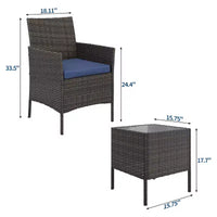 Ensemble de terrasse d'extérieur 3 pièces [bistro/bar], résine tressée en rotin PE, table en verre trempé, chaises rembourrées, pour jardin, porche, bord de piscine