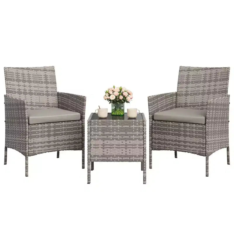 Ensemble de terrasse d'extérieur 3 pièces [bistro/bar], résine tressée en rotin PE, table en verre trempé, chaises rembourrées, pour jardin, porche, bord de piscine