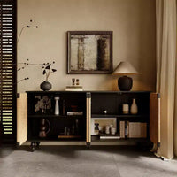 Meuble de rangement/buffet Natural Accent, Meuble TV en bois avec portes en jonc de mer tressé, Fini grain de bois noir