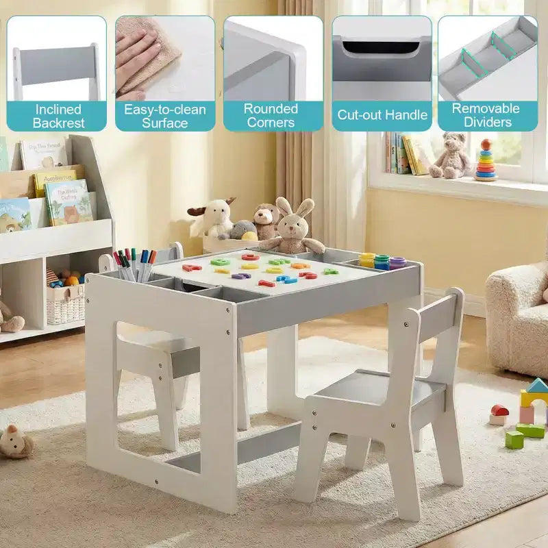 Ensemble table et 2 chaises multifonctionnel pour enfants Costway avec plateau double face amovible, gris + blanc/naturel + blanc