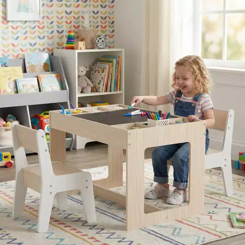 Ensemble table et 2 chaises multifonctionnel pour enfants Costway avec plateau double face amovible, gris + blanc/naturel + blanc