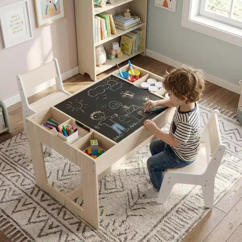 Ensemble table et 2 chaises multifonctionnel pour enfants Costway avec plateau double face amovible, gris + blanc/naturel + blanc