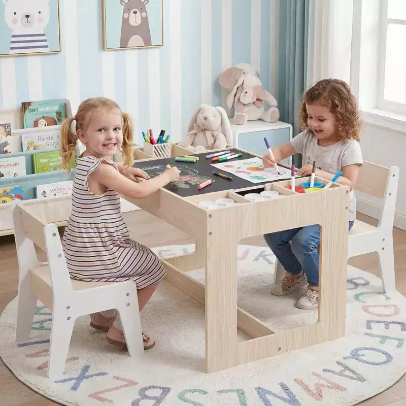 Ensemble table et 2 chaises multifonctionnel pour enfants Costway avec plateau double face amovible, gris + blanc/naturel + blanc