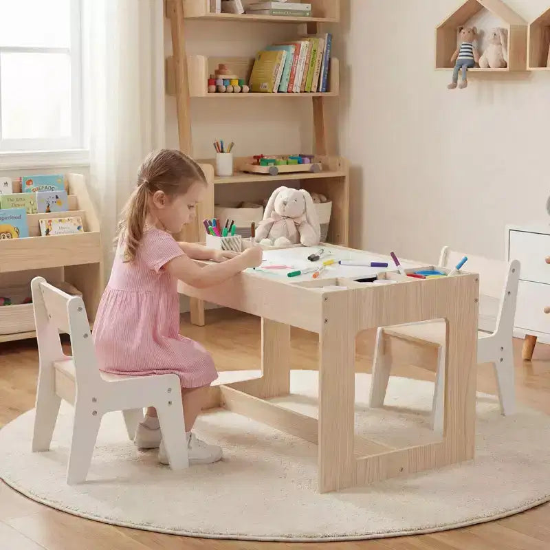 Ensemble table et 2 chaises multifonctionnel pour enfants Costway avec plateau double face amovible, gris + blanc/naturel + blanc
