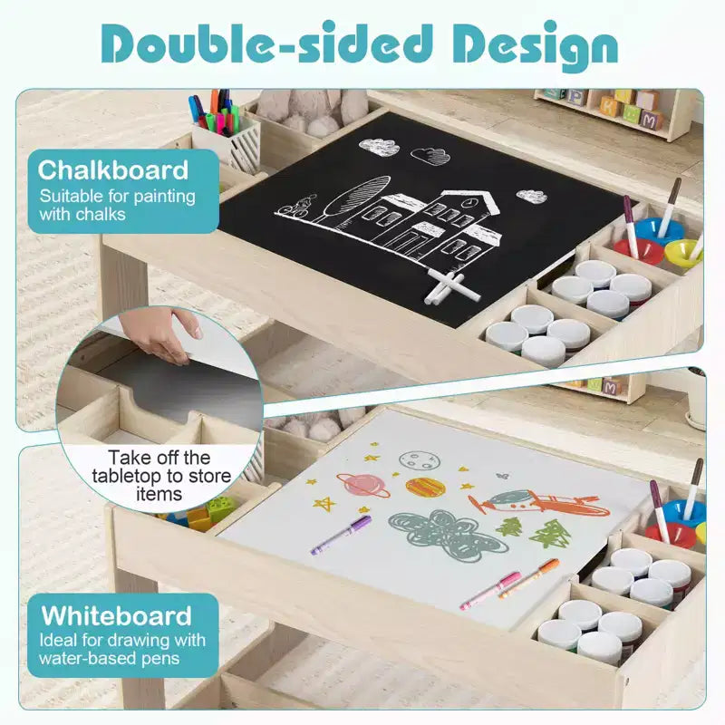 Ensemble table et 2 chaises multifonctionnel pour enfants Costway avec plateau double face amovible, gris + blanc/naturel + blanc