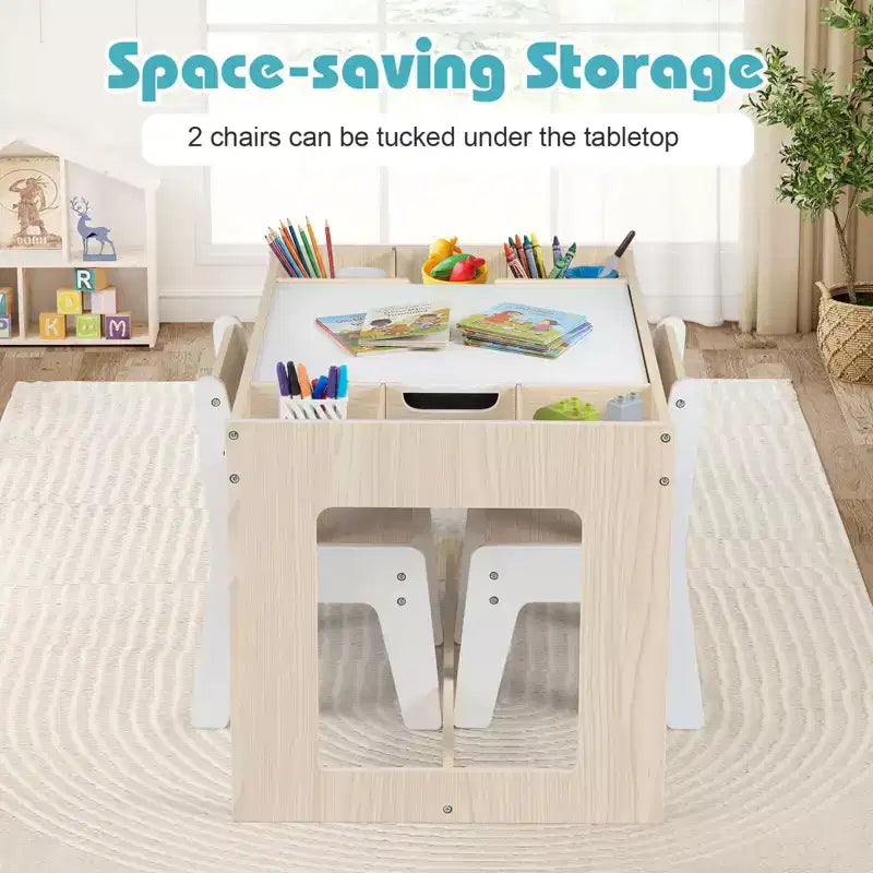 Ensemble table et 2 chaises multifonctionnel pour enfants Costway avec plateau double face amovible, gris + blanc/naturel + blanc