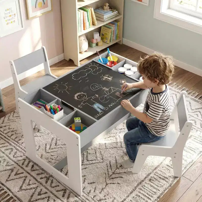 Ensemble table et 2 chaises multifonctionnel pour enfants Costway avec plateau double face amovible, gris + blanc/naturel + blanc