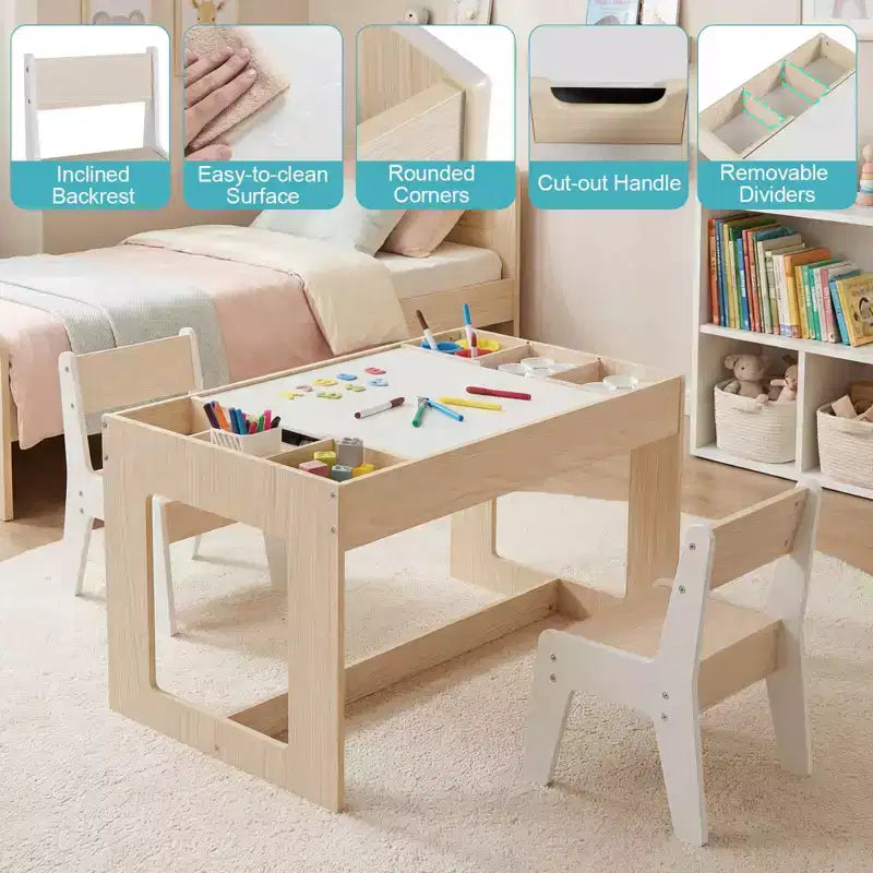 Ensemble table et 2 chaises multifonctionnel pour enfants Costway avec plateau double face amovible, gris + blanc/naturel + blanc