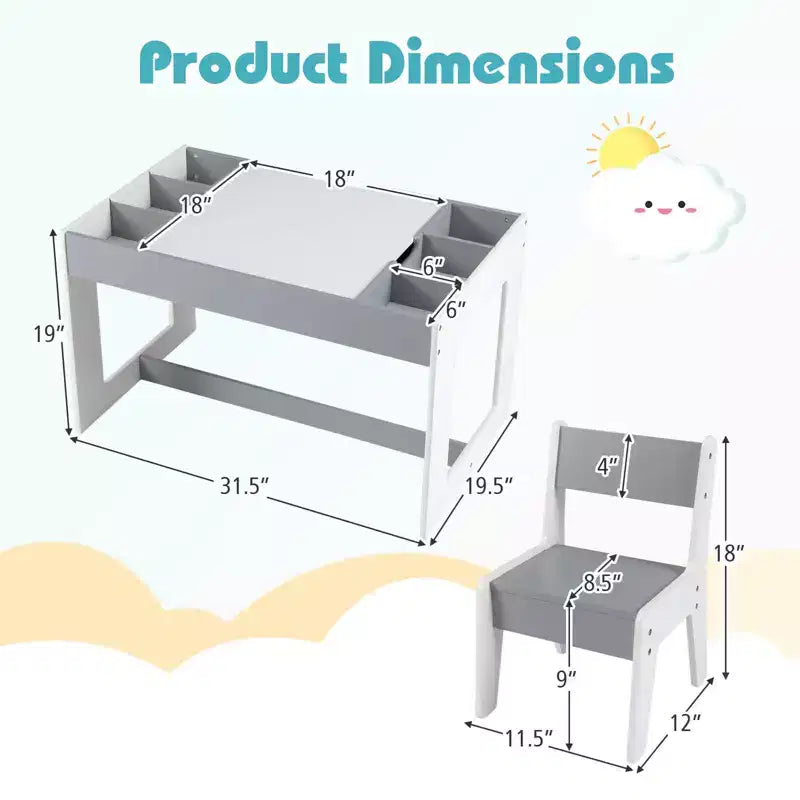 Ensemble table et 2 chaises multifonctionnel pour enfants Costway avec plateau double face amovible, gris + blanc/naturel + blanc