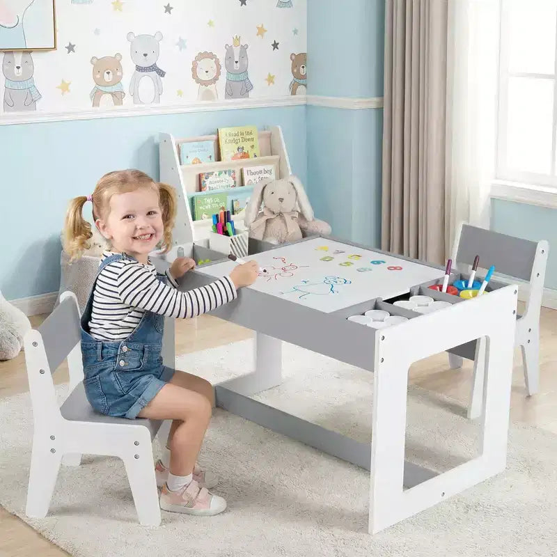 Ensemble table et 2 chaises multifonctionnel pour enfants Costway avec plateau double face amovible, gris + blanc/naturel + blanc