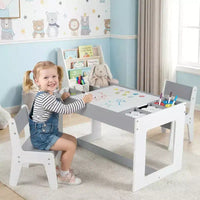 Ensemble table et 2 chaises multifonctionnel pour enfants Costway avec plateau double face amovible, gris + blanc/naturel + blanc