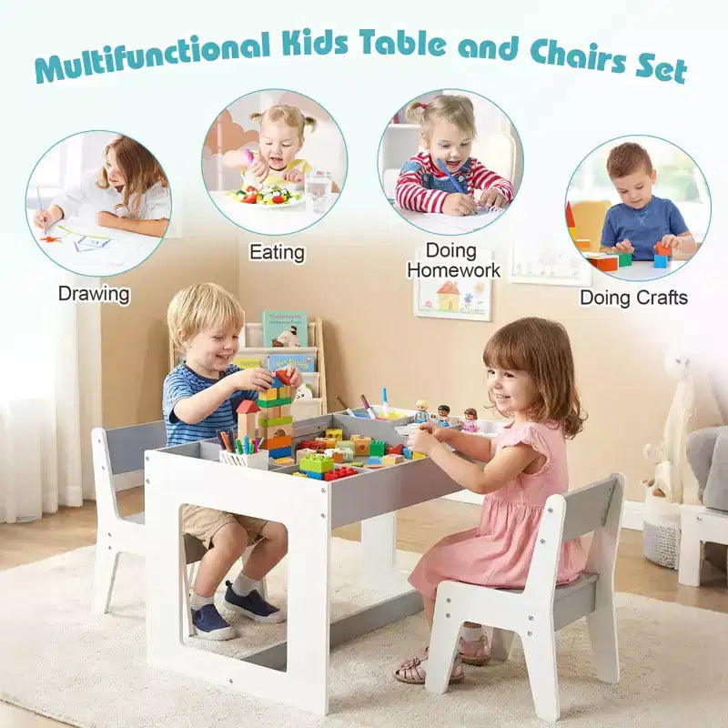 Ensemble table et 2 chaises multifonctionnel pour enfants Costway avec plateau double face amovible, gris + blanc/naturel + blanc