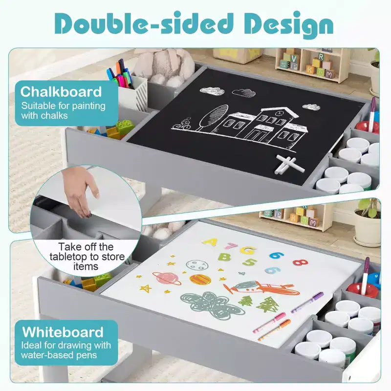 Ensemble table et 2 chaises multifonctionnel pour enfants Costway avec plateau double face amovible, gris + blanc/naturel + blanc
