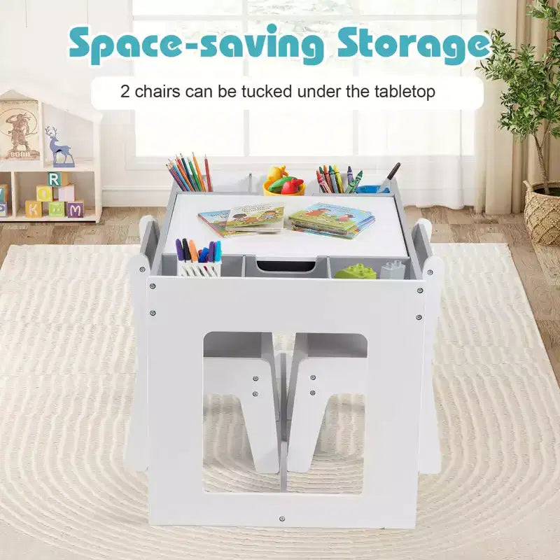 Ensemble table et 2 chaises multifonctionnel pour enfants Costway avec plateau double face amovible, gris + blanc/naturel + blanc