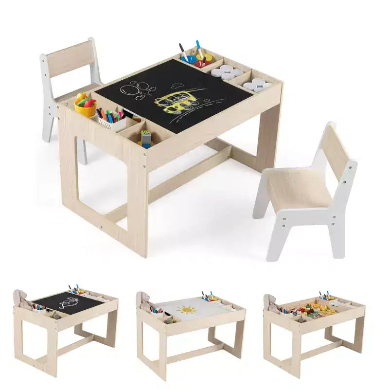 Ensemble table et 2 chaises multifonctionnel pour enfants Costway avec plateau double face amovible, gris + blanc/naturel + blanc