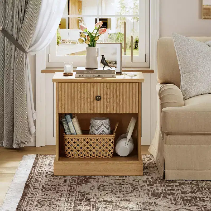 Table de chevet cannelée moderne du milieu du siècle avec tiroir, table de chevet peu encombrante avec rangement, idéale pour chambre ou salon