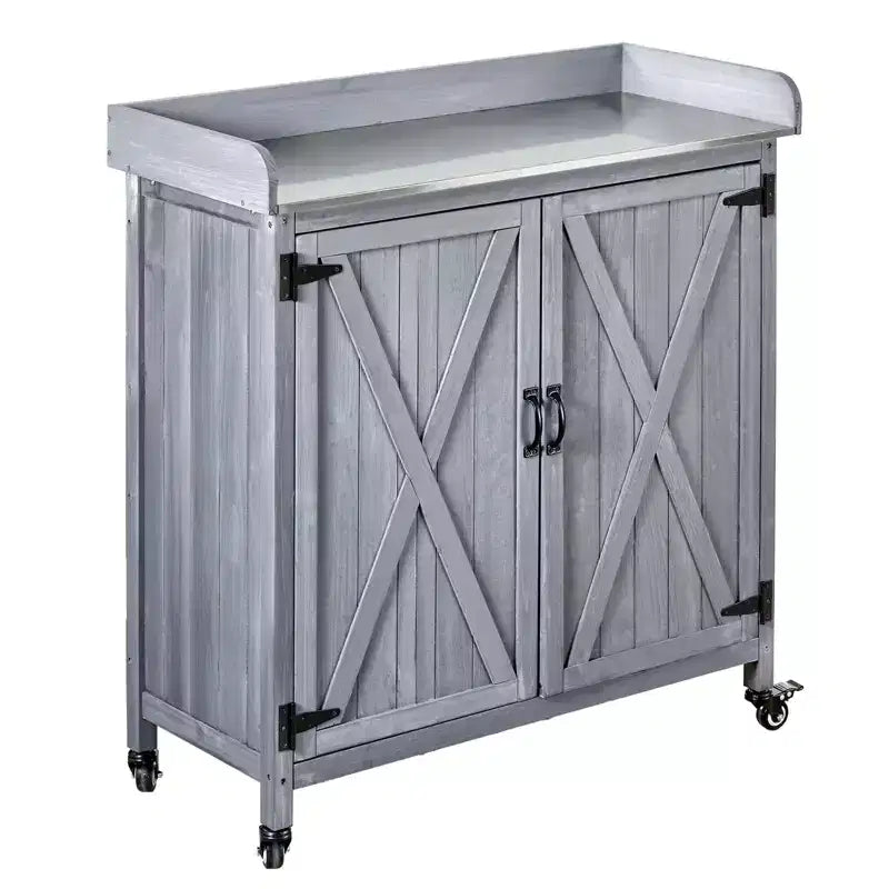 VEVOR Table de rempotage, meuble de rangement d'extérieur en bois avec plateau en fer galvanisé de 91 x 41 cm, grand espace de rangement, 4 roulettes, gris