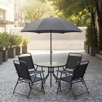 Gymax Ensemble de salle à manger d'extérieur 6 pièces pour 4 personnes avec table ronde en verre trempé et 4 chaises pliantes, parasol amovible gris/marron