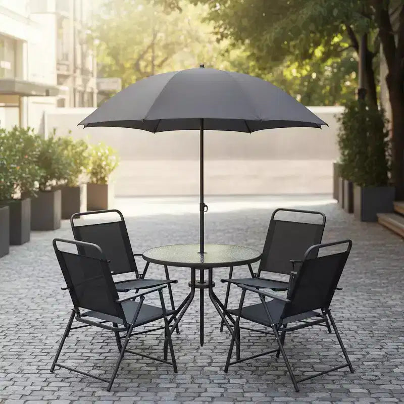 Gymax Ensemble de salle à manger d'extérieur 6 pièces pour 4 personnes avec table ronde en verre trempé et 4 chaises pliantes, parasol amovible gris/marron
