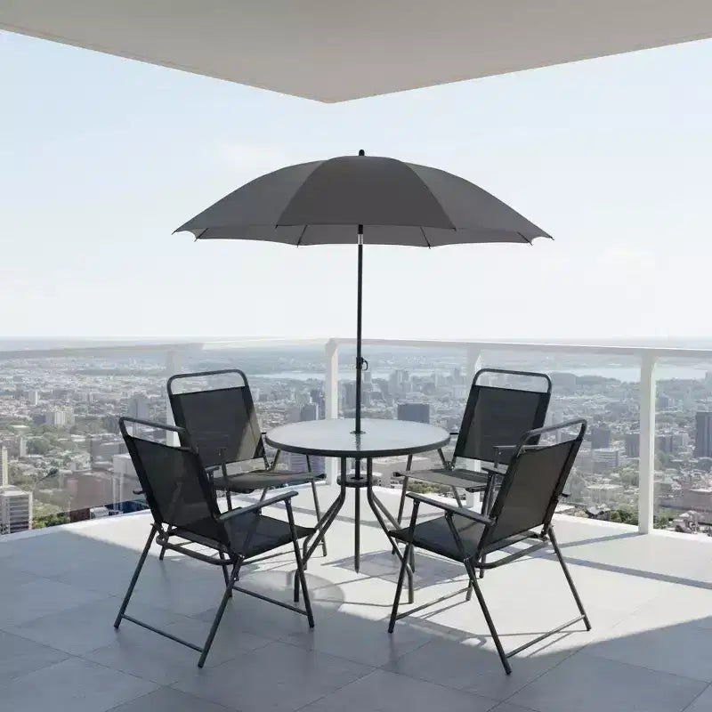 Gymax Ensemble de salle à manger d'extérieur 6 pièces pour 4 personnes avec table ronde en verre trempé et 4 chaises pliantes, parasol amovible gris/marron