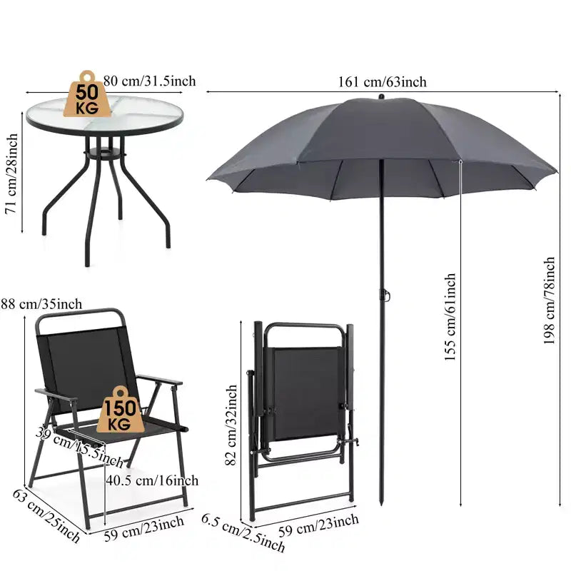 Gymax Ensemble de salle à manger d'extérieur 6 pièces pour 4 personnes avec table ronde en verre trempé et 4 chaises pliantes, parasol amovible gris/marron