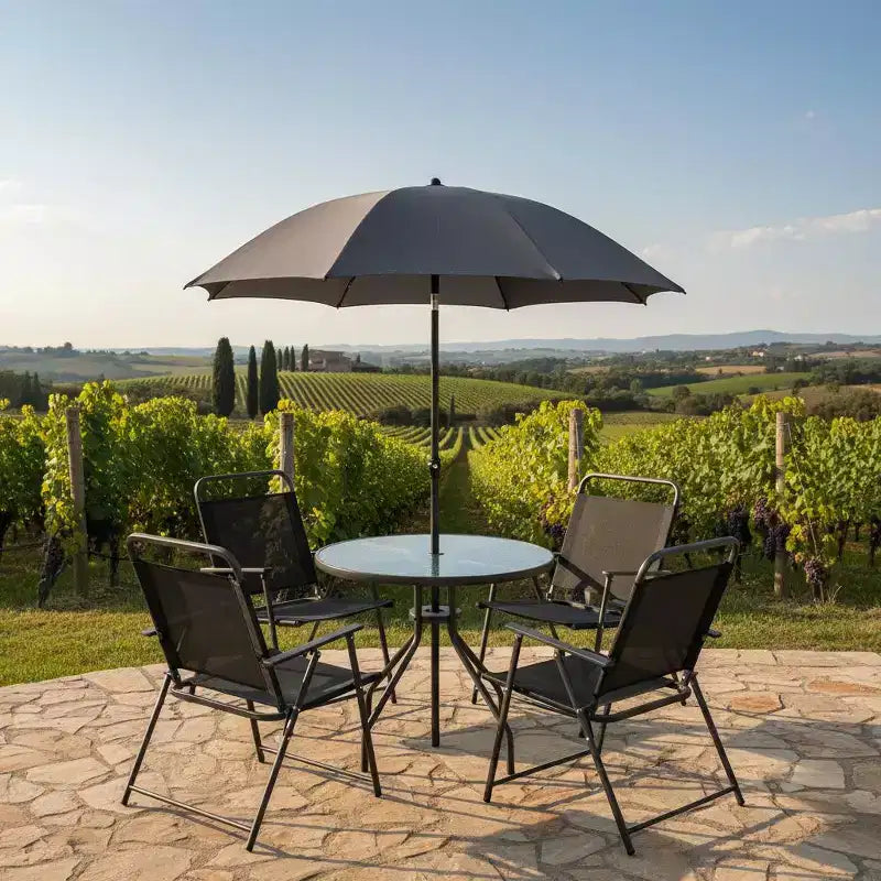 Gymax Ensemble de salle à manger d'extérieur 6 pièces pour 4 personnes avec table ronde en verre trempé et 4 chaises pliantes, parasol amovible gris/marron