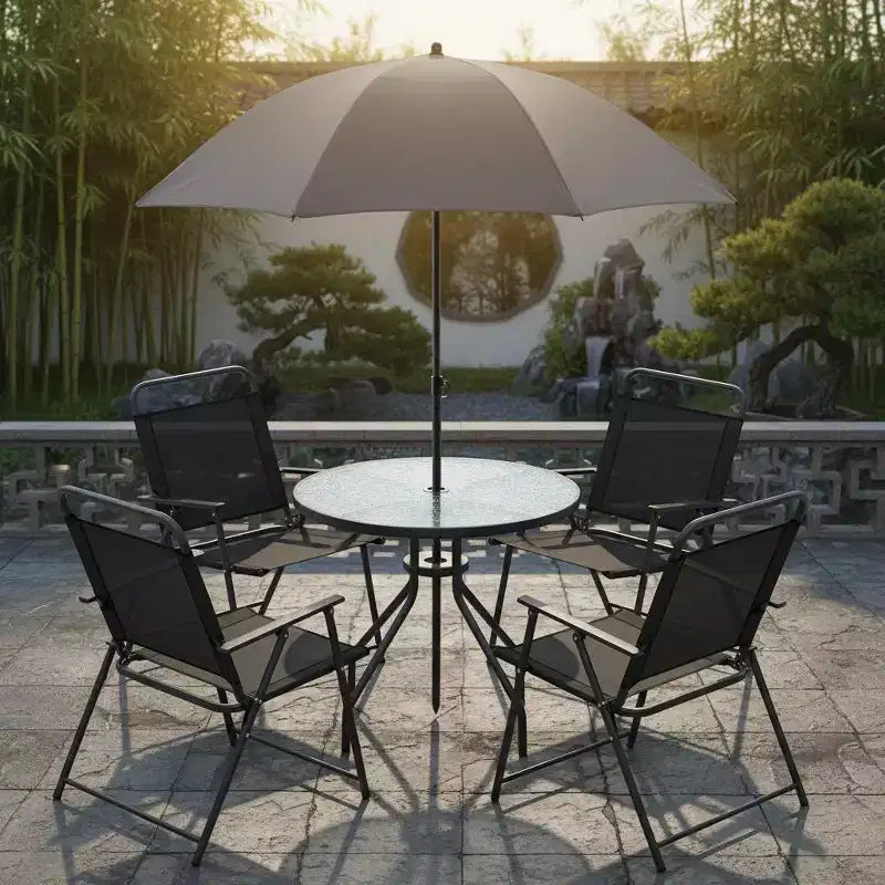 Gymax Ensemble de salle à manger d'extérieur 6 pièces pour 4 personnes avec table ronde en verre trempé et 4 chaises pliantes, parasol amovible gris/marron