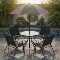 Gymax Ensemble de salle à manger d'extérieur 6 pièces pour 4 personnes avec table ronde en verre trempé et 4 chaises pliantes, parasol amovible gris/marron