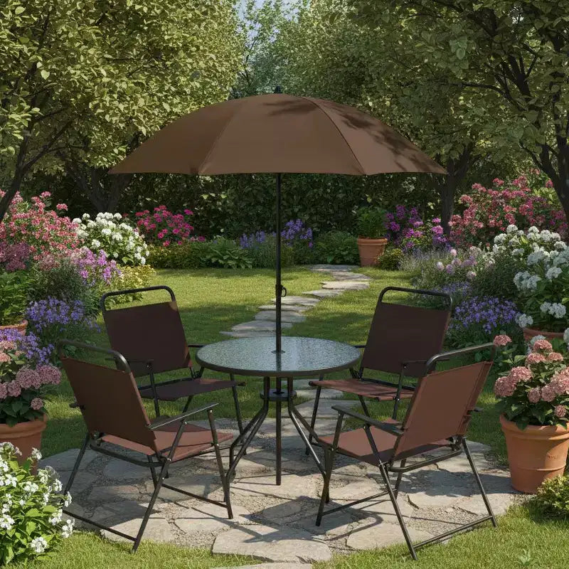 Gymax Ensemble de salle à manger d'extérieur 6 pièces pour 4 personnes avec table ronde en verre trempé et 4 chaises pliantes, parasol amovible gris/marron