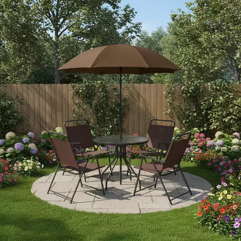 Gymax Ensemble de salle à manger d'extérieur 6 pièces pour 4 personnes avec table ronde en verre trempé et 4 chaises pliantes, parasol amovible gris/marron