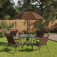 Gymax Ensemble de salle à manger d'extérieur 6 pièces pour 4 personnes avec table ronde en verre trempé et 4 chaises pliantes, parasol amovible gris/marron