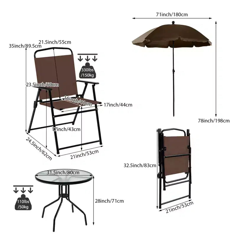 Gymax Ensemble de salle à manger d'extérieur 6 pièces pour 4 personnes avec table ronde en verre trempé et 4 chaises pliantes, parasol amovible gris/marron