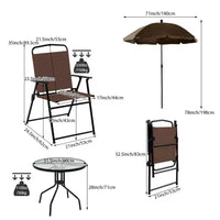 Gymax Ensemble de salle à manger d'extérieur 6 pièces pour 4 personnes avec table ronde en verre trempé et 4 chaises pliantes, parasol amovible gris/marron