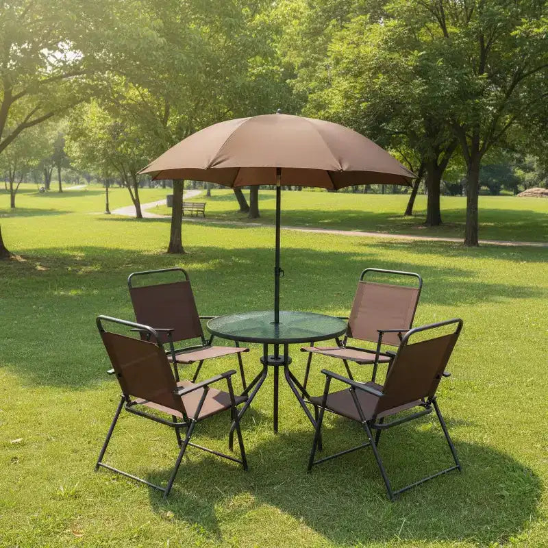 Gymax Ensemble de salle à manger d'extérieur 6 pièces pour 4 personnes avec table ronde en verre trempé et 4 chaises pliantes, parasol amovible gris/marron