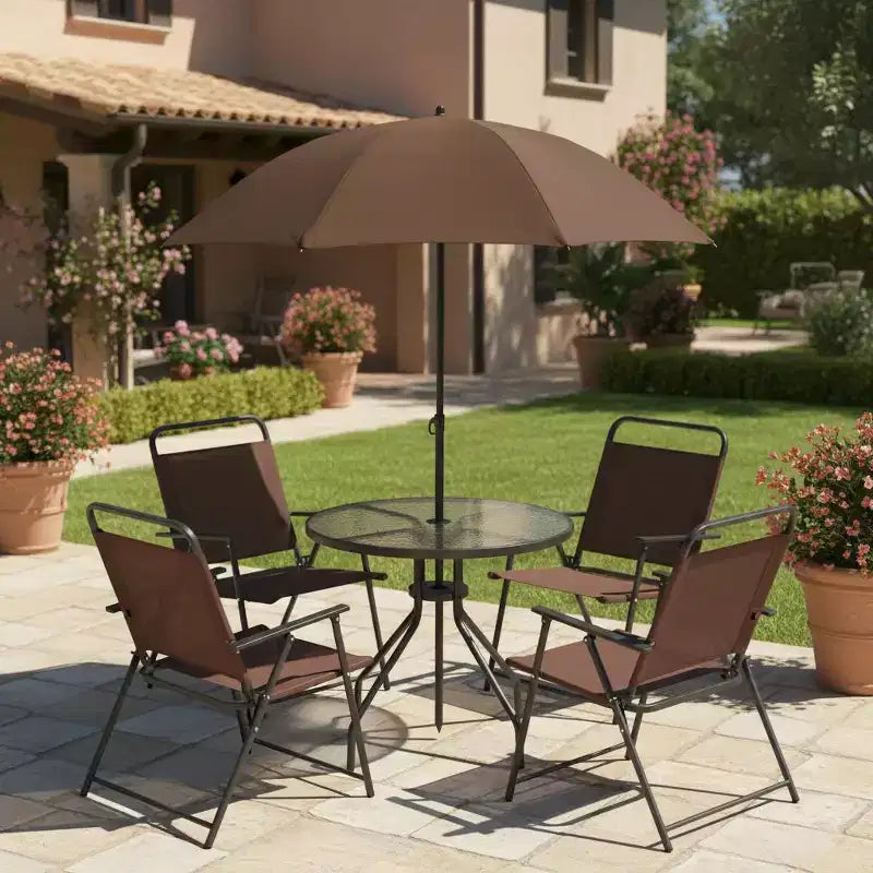 Gymax Ensemble de salle à manger d'extérieur 6 pièces pour 4 personnes avec table ronde en verre trempé et 4 chaises pliantes, parasol amovible gris/marron