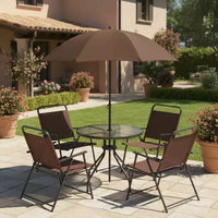 Gymax Ensemble de salle à manger d'extérieur 6 pièces pour 4 personnes avec table ronde en verre trempé et 4 chaises pliantes, parasol amovible gris/marron