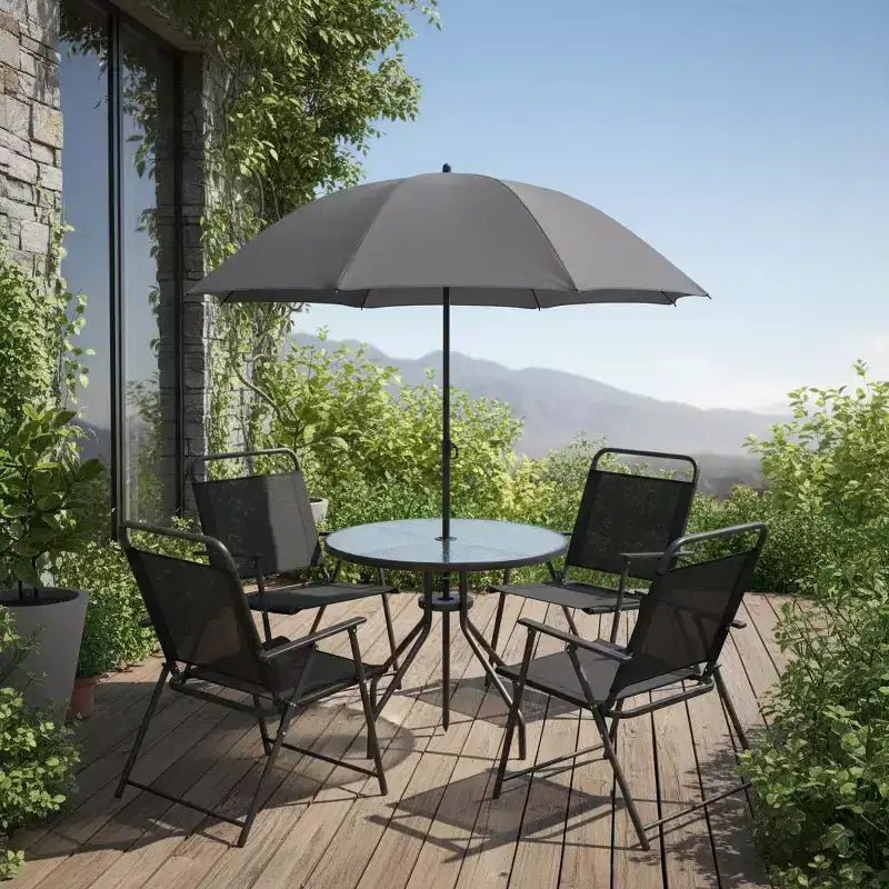 Gymax Ensemble de salle à manger d'extérieur 6 pièces pour 4 personnes avec table ronde en verre trempé et 4 chaises pliantes, parasol amovible gris/marron
